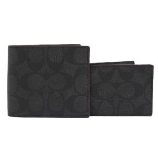 【COACH】紅邊 經典LOGO老花8卡附1+1卡夾雙夾層男短夾-黑灰色(coach 男生 黑色 F25519)