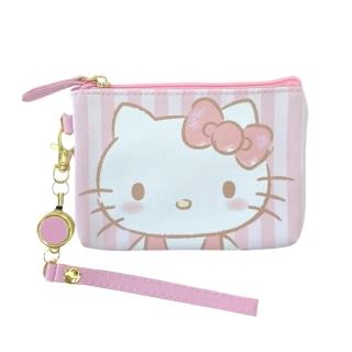 【小禮堂】Hello Kitty 皮質易拉扣票卡零錢包 - 條紋大臉款(平輸品)