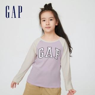 【GAP】女童 Logo純棉插肩長袖T恤(434998-淺紫色)
