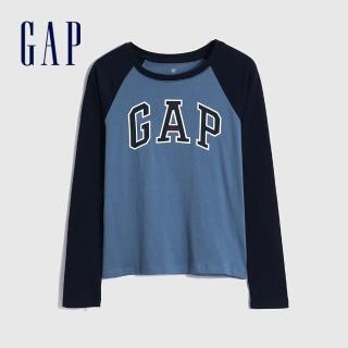【GAP】女童 Logo純棉插肩長袖T恤(434998-藍色)