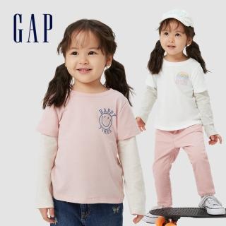 【GAP】女幼童 純棉假兩件撞色長袖T恤(430156-粉色)