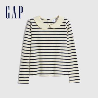 【GAP】女童 娃娃領羅紋針織長袖T恤(426770-藍白條紋)
