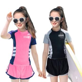 【橘魔法】大童 撞色運動插肩泳衣+平口泳褲 內有安全褲(游泳課 泳裝 學生泳衣 女童)