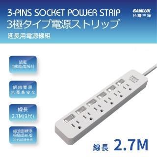 【SANLUX 台灣三洋】轉接延長電源線 3孔6座6切插座2.7M(SYPW-366BA)