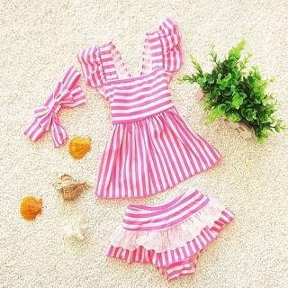 【時尚Baby】兒童泳裝女童泳裝可愛桃粉色條紋上下身泳裝含髮帶泳衣(女童泳衣女童上下身泳衣含髮帶泳裝)
