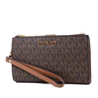【Michael Kors】緹花LOGO防刮皮革對折釦式手掛手拿/手機包-咖啡棕