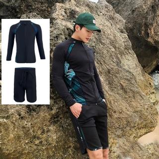 【泳衣果】男泳衣泳裝譜莉情侶二件式拉鍊外套+五分褲(男M-2L)