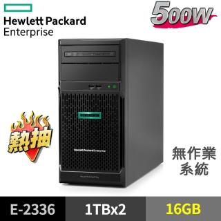 【HPE】ML30 Gen10 Plus 熱抽換伺服器(E-2336/16G/1TBx2/FD)