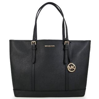 【Michael Kors】金字LOGO防刮皮革大款肩背托特包(黑色)