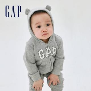 【GAP】嬰兒 碳素軟磨系列 Logo刷毛長袖連身包屁衣(446141-淺灰色)