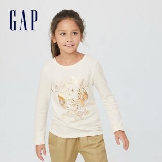 【GAP】女童 純棉印花長袖T恤(432106-奶白色)