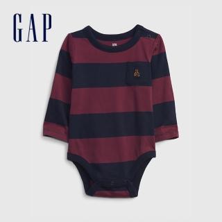 【GAP】嬰兒 布萊納系列 小熊刺繡長袖包屁衣(429369-酒紅條紋)