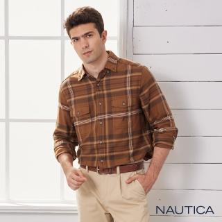 【NAUTICA】男裝復古風休閒格紋長袖襯衫(棕色)