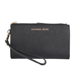 【Michael Kors】雙拉鍊防刮皮革金色字母手拿手機長夾(黑色)