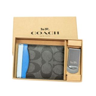 【COACH】3合1 PVC LOGO皮革證件卡夾禮盒組(黑灰青)