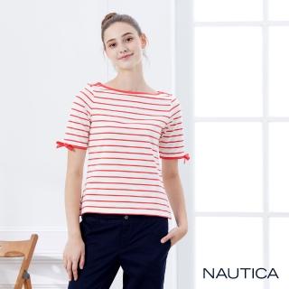 【NAUTICA】女裝平口領條紋蝴蝶結短袖T恤(白)