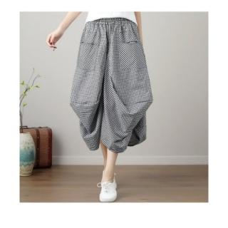 【漂亮小媽咪】春夏原創設計燈籠裙棉麻格紋口袋花苞長裙縮緊不規則花