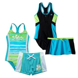 【橘魔法】學生 藍綠椰樹 運動連身挖背泳裝+泳裙(沙灘褲（無胸墊）大童 游泳 現貨 女童 學生)