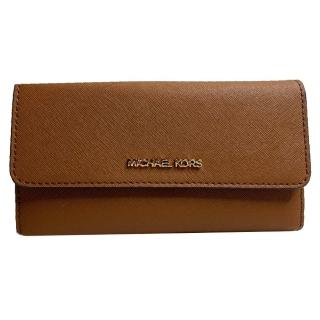 【Michael Kors】JET SET TRAVEL 燙金LOGO掀蓋防刮三折中長夾-深咖啡(mk 咖啡色 棕色 35f8gtvf3b)