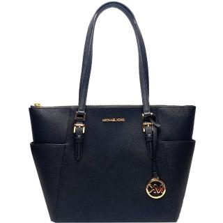 【Michael Kors】CHARLOTTE 金字LOGO防刮皮革肩背中大款托特包-優雅黑(mk 黑色 藍色 兩款可選)