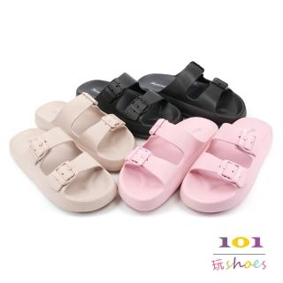 【101 玩Shoes】mit. 實穿室內外拖鞋 防水防滑EVA輕量/彈力 柔軟厚底涼拖鞋(黑色/奶荼/粉色.36-40碼)