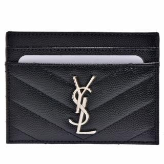 【YSL】MONOGRAM系列V字縫線牛皮銀色金屬LOGO萬用票卡/證件名片夾(黑423291-BOW02-1000)
