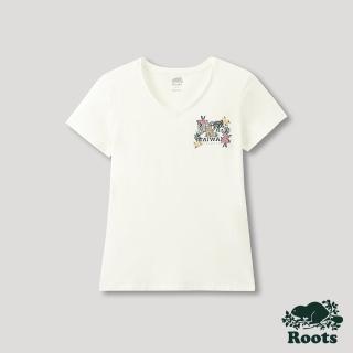 【Roots】Roots 女裝- 台灣日系列 動物元素V領修身短袖T恤(白色)