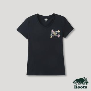 【Roots】Roots 女裝- 台灣日系列 動物元素V領修身短袖T恤(藍色)