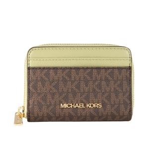 【Michael Kors】JET SET滿版MK拼接防刮皮革金字拉鍊卡夾零錢包(咖啡草綠)