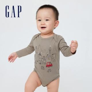 【GAP】嬰兒 布萊納系列 印花長袖包屁衣(429365-灰褐色)