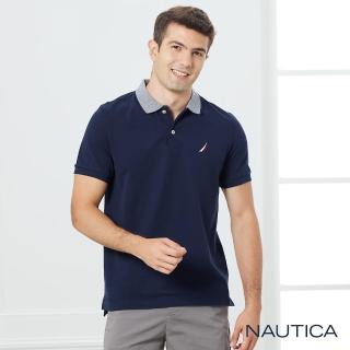 【NAUTICA】男裝細緻條紋衣領短袖POLO衫(藍)