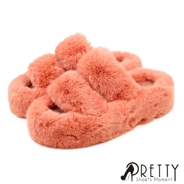 【Pretty】慵懶貴婦風保暖絨毛厚底室內拖鞋/居家拖鞋/保暖拖鞋/毛毛拖鞋(粉紅、卡其、藍色、黑色)