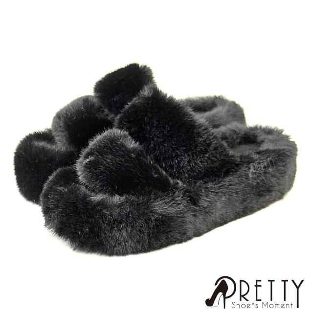 【Pretty】慵懶貴婦風保暖絨毛厚底室內拖鞋/居家拖鞋/保暖拖鞋/毛毛拖鞋(粉紅、卡其、藍色、黑色)