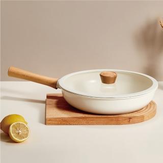 【ONE HOUSE】日式櫸木柄陶瓷不沾鍋 二件組/1鍋1蓋_28CM炒鍋(IH爐適用/不沾鍋/泡麵鍋/陶瓷不沾/奶茶陶瓷鍋)