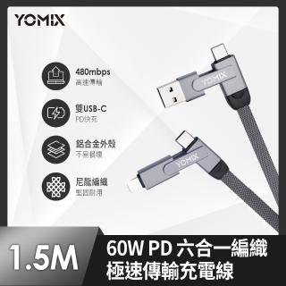 【YOMIX 優迷】PD 60W Type-C 1.5M六合一編織極速傳輸充電線(支援iphone18快充)