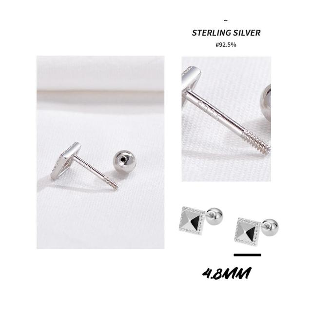 【A&R】韓版s925純銀 白金高冷小四方形熱賣款 轉珠耳環(鎖珠耳環 螺絲耳扣 鎖式耳環)
