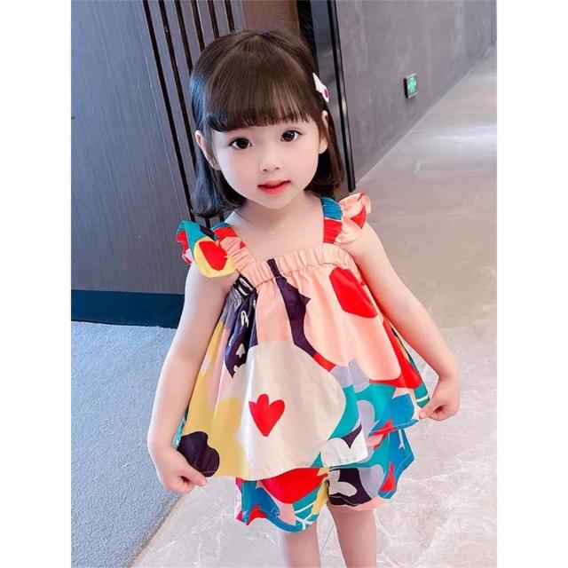 【安朵童舖】現貨韓版兒童多彩花朵吊帶套裝女寶女童背心上衣短褲彩色花朵背心套裝(05)