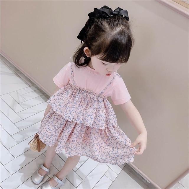 【安朵童舖】現貨韓版兒童短袖假兩件連身蛋糕裙女童碎花連身洋裝女寶短袖連身裙(003)