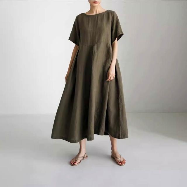 【巴黎精品】極速出貨 洋裝短袖連身裙亞麻棉麻大尺碼女裝(V領簡約長版純色女裙子2色a1au13)