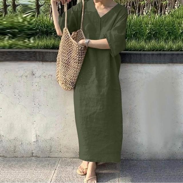 【巴黎精品】極速出貨 洋裝短袖連身裙亞麻棉麻大尺碼女裝(V領簡約長版純色女裙子2色a1au13)
