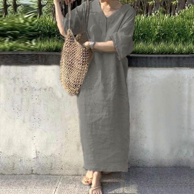 【巴黎精品】極速出貨 洋裝短袖連身裙亞麻棉麻大尺碼女裝(V領簡約長版純色女裙子2色a1au13)