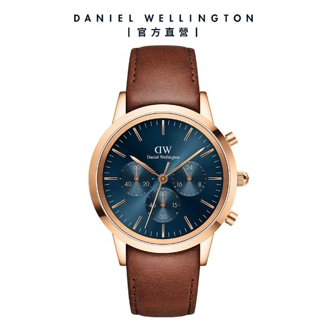 【Daniel Wellington】DW 手錶 Iconic Chronograph 42mm極地藍三眼皮革錶藍錶盤(DW00100639)
