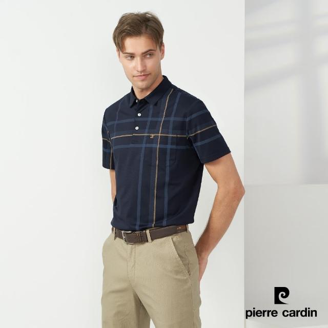 【pierre cardin 皮爾卡登】休閒服飾 男款 胸前印格短袖POLO衫-深藍色(5237217-38)
