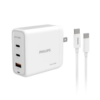 【Philips 飛利浦】100W GaN氮化鎵PD TypeC USB PD/QC 3孔+100W傳輸線 旅充組(DLP6343C)