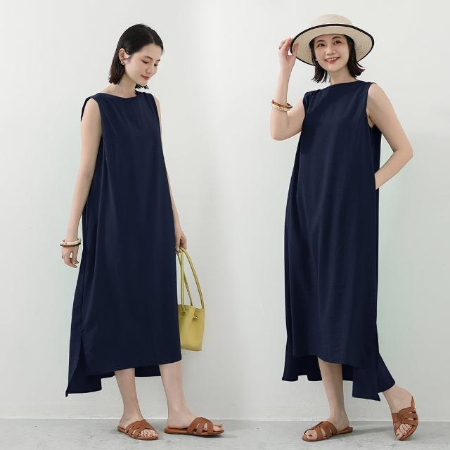 【Amore】日韓棉麻無袖文青層次感長裙 連身裙 女無袖上衣 無袖洋裝 棉麻洋裝 連衣裙(質感素色穿搭)