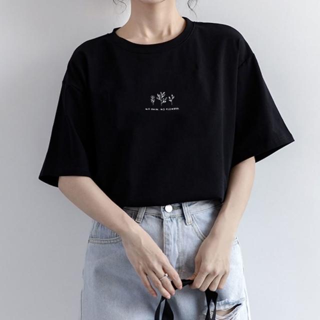 【D.studio】韓版寬鬆文青風圖案短袖上衣(短袖t恤 女裝 顯瘦上衣 衣服 寬鬆上衣 素T T505)