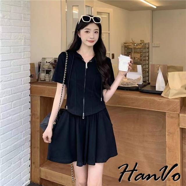 【HanVo】現貨 舒適滑順運動連帽休閒套裝(透氣質感拉鍊寬鬆短袖套裝 日常韓系女裝 女生衣著 A08-5972)