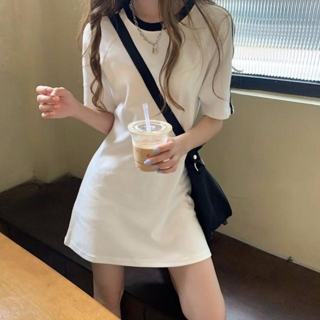 【D.studio】韓版小個子顯瘦休閒中長款連衣裙(洋裝 套裝 連身裙 短袖上衣 短袖t恤 女裝 S203)