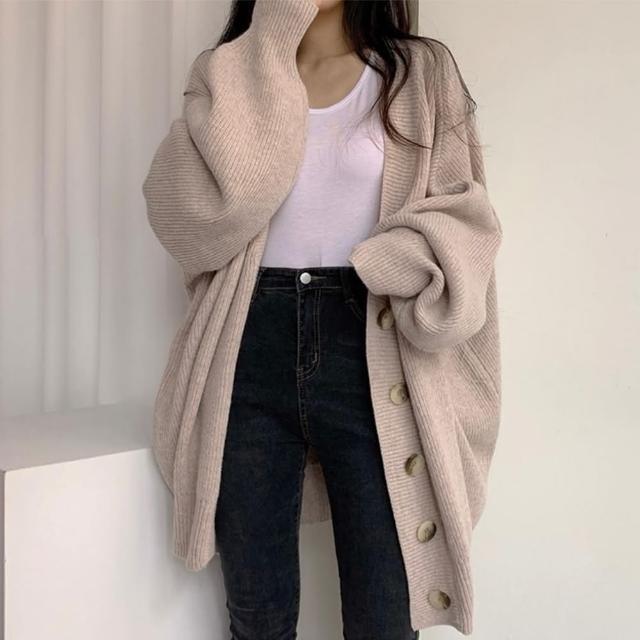 【D.studio】韓版慵懶風排扣寬鬆燈籠袖針織外套(上衣 女裝 衣服 外套 長袖上衣 長版外套 毛衣 J262)