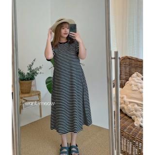 【Want-Meow】85公斤可穿/韓系簡約短袖條紋隱藏縮腰長洋(大碼洋裝/大尺碼/韓系歐膩穿搭/孕婦裝)
